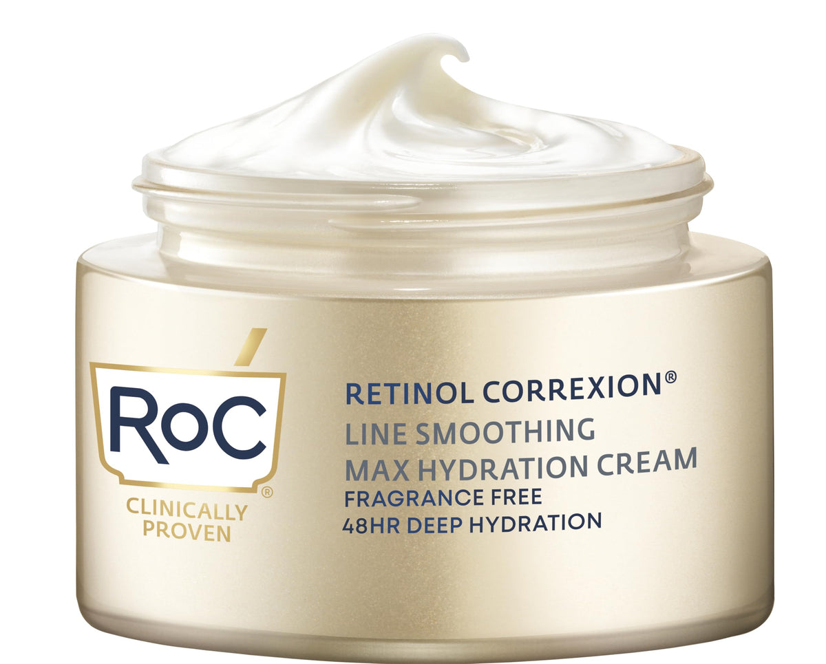 RoC jar front view showing label and 1.7 ounce size, clear product benefit