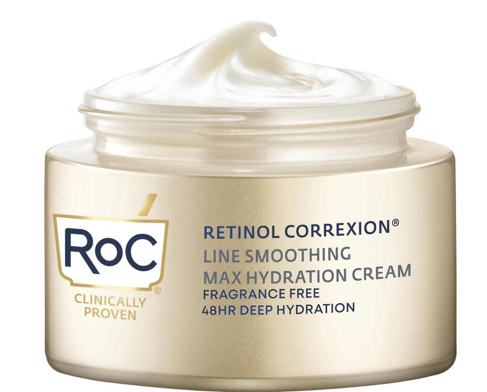 RoC jar front view showing label and 1.7 ounce size, clear product benefit