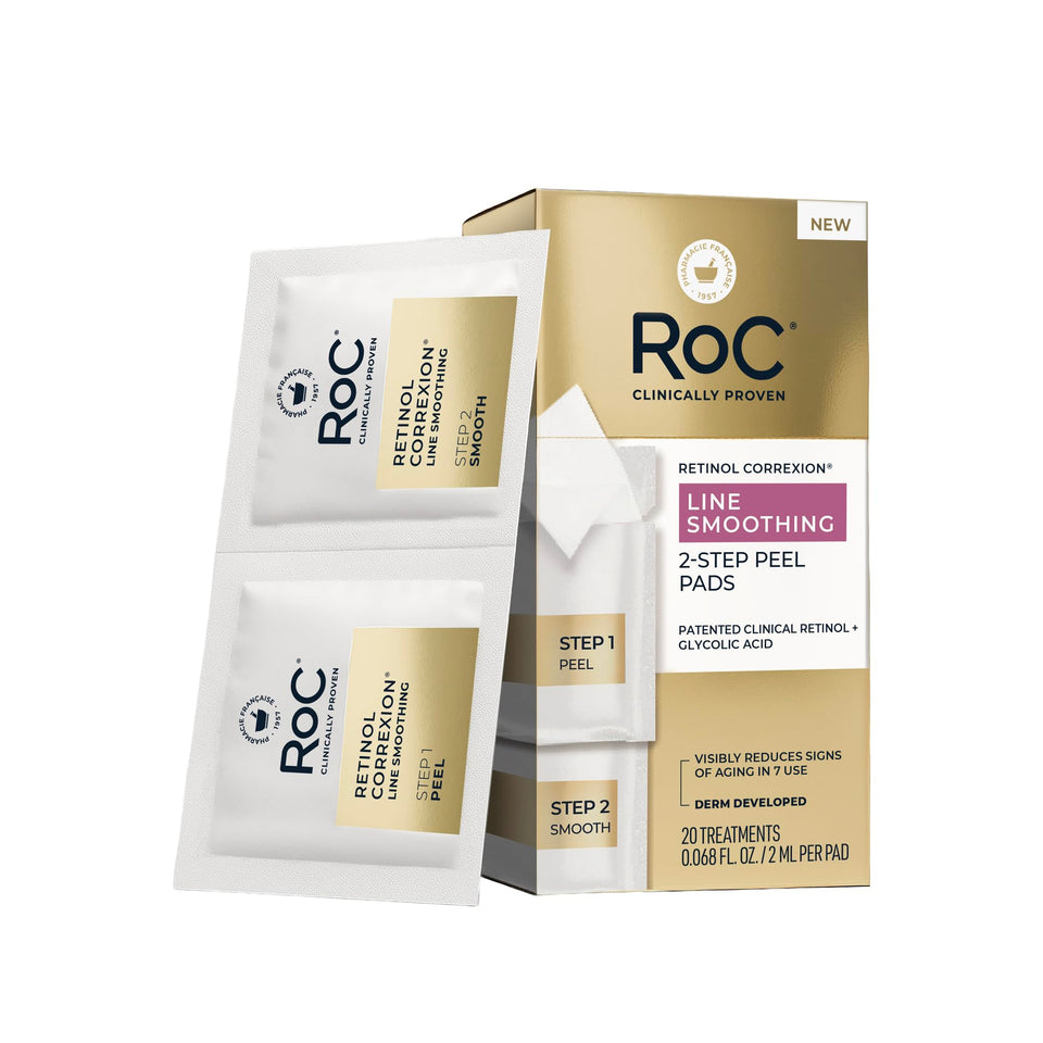 RoC front packaging showing 20 two-step peel treatments and product benefits