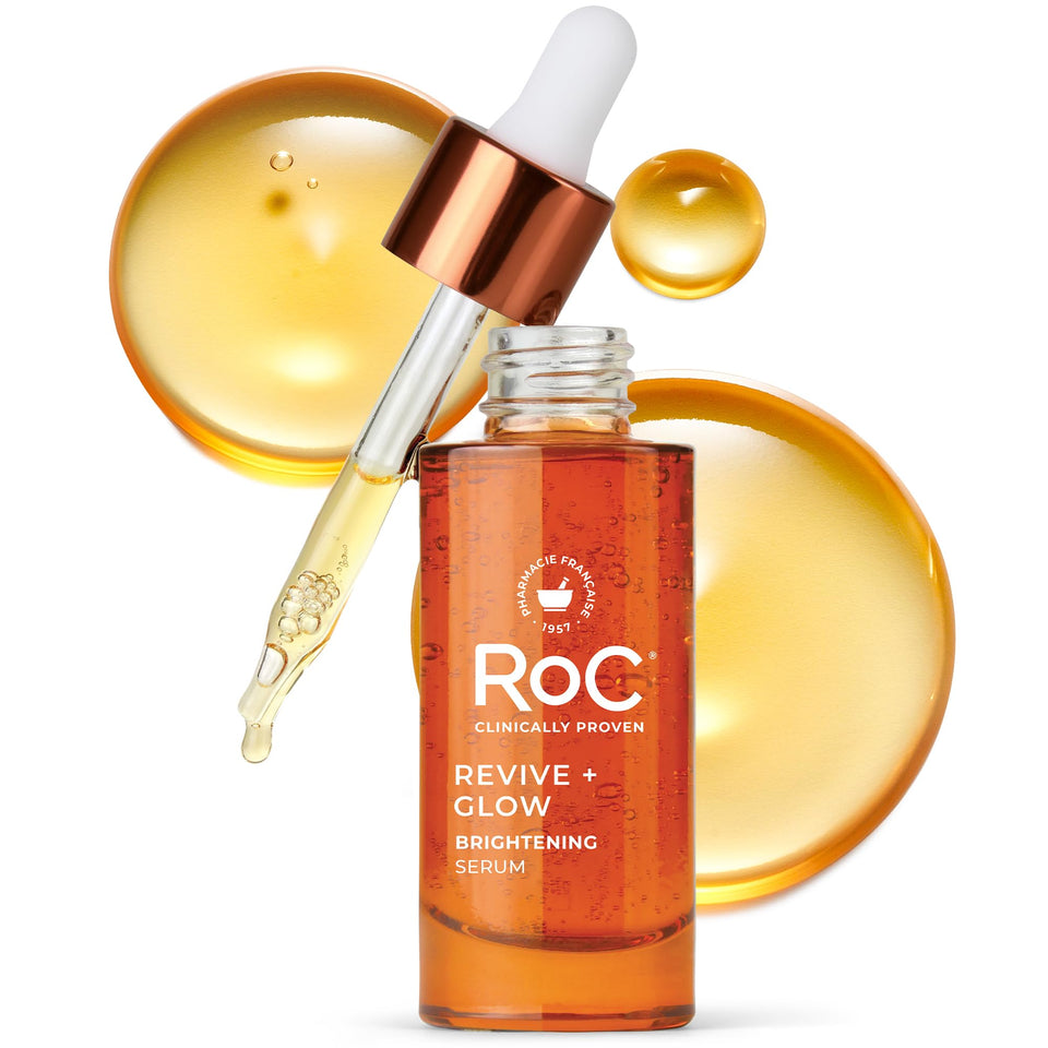 RoC front packaging showing bottle and branding, brightening serum benefits