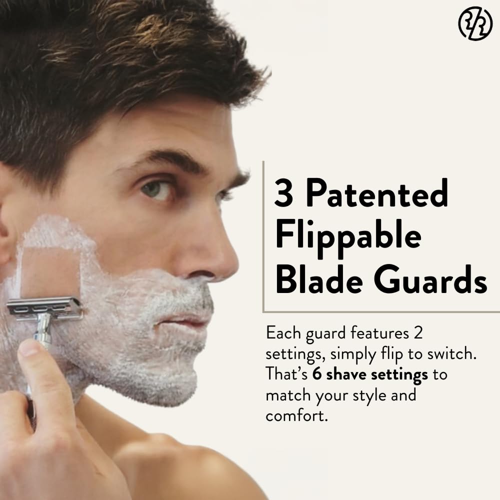Rockwell 6C in bathroom scene promoting a gentle, irritation-reducing shave