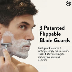 Rockwell 6C in bathroom scene promoting a gentle, irritation-reducing shave