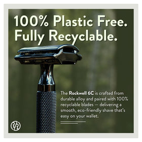 ROCKWELL RAZORS lifestyle bathroom scene demonstrating a premium shave routine and reduced waste