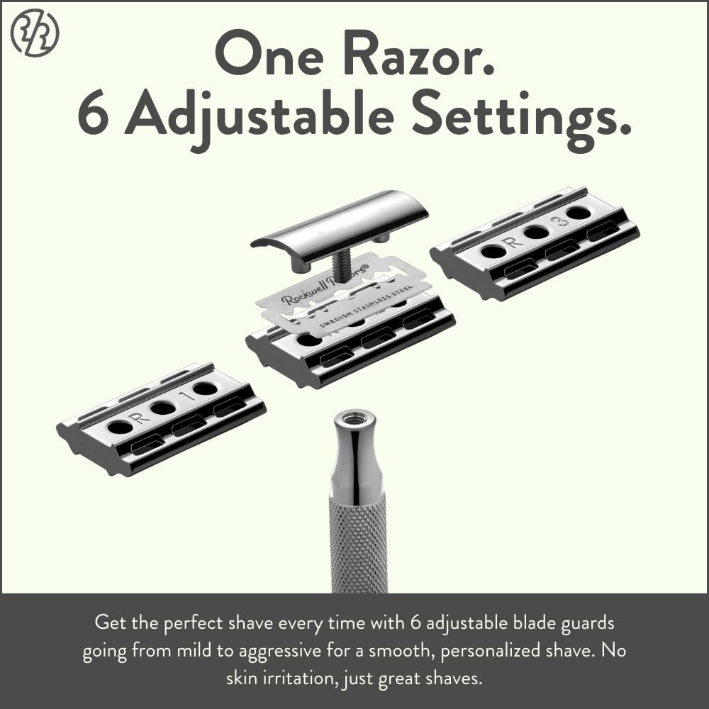 ROCKWELL RAZORS heavy handle closeup showing textured grip for steady control and fewer nicks