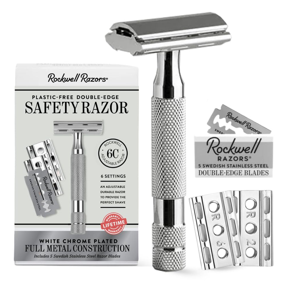 Rockwell 6C white chrome front view showing sleek design and precise shave