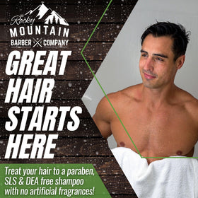 Rocky Mountain Barber Company back label with ingredients list for clear transparency benefit
