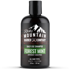 Rocky Mountain Barber Company front bottle showing branding and forest-mint benefit