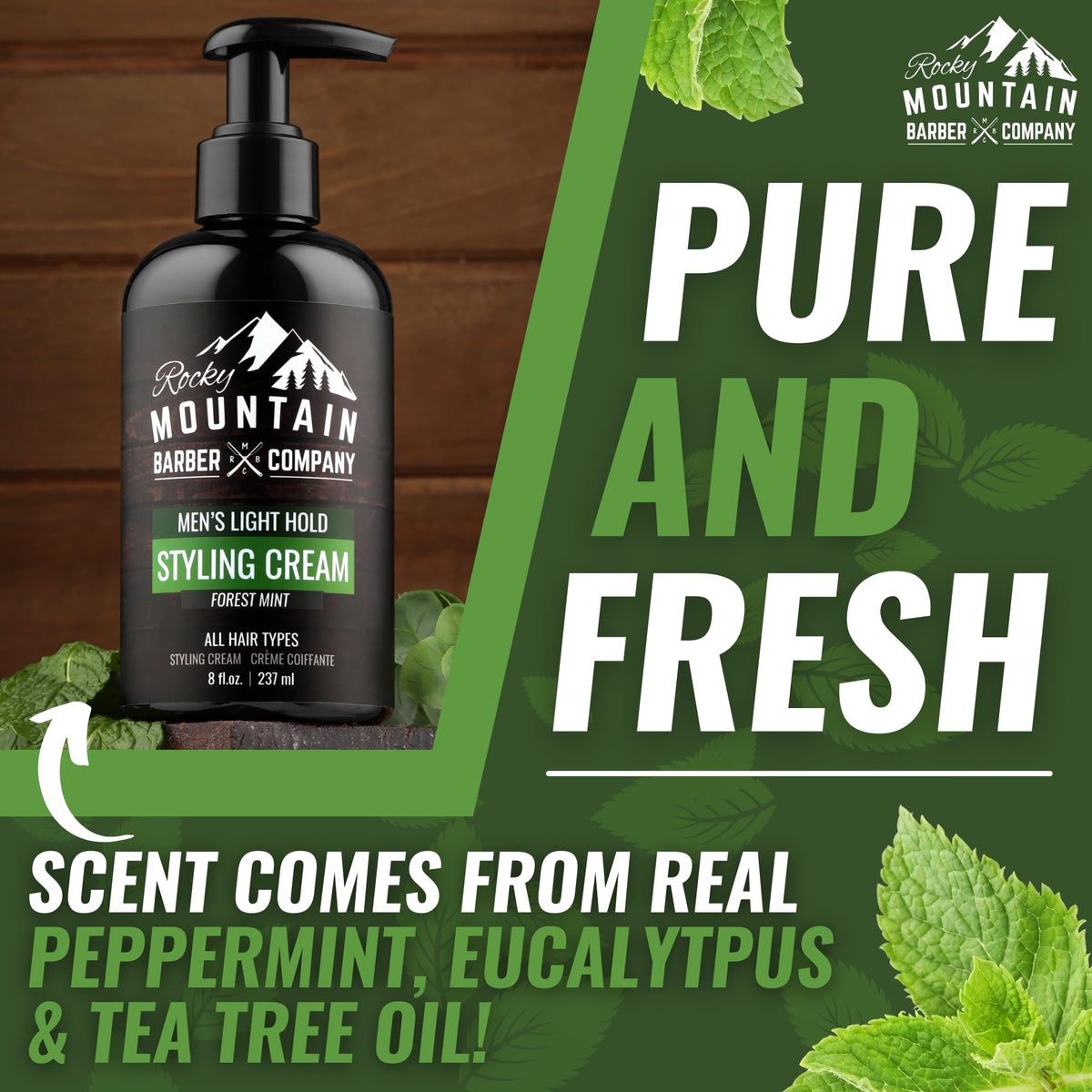 Rocky Mountain Barber Company ingredients label highlighting argan coconut jojoba oils benefit