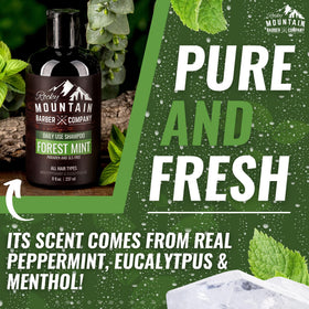 Rocky Mountain Barber Company shampoo in shower demonstrating rinse-clean benefit