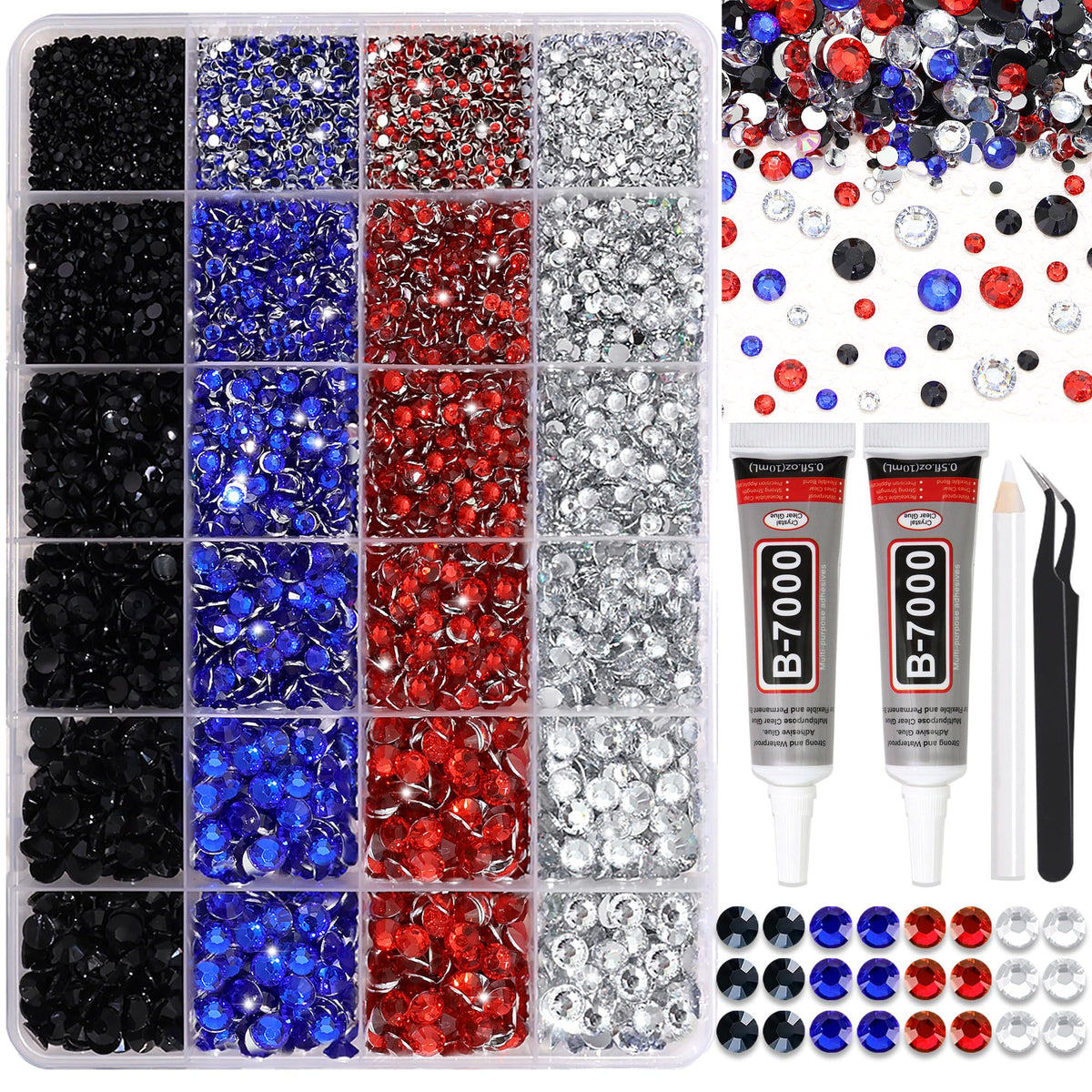 RODAKY front packaging showing mixed-color rhinestones and accessories, quick selection benefit