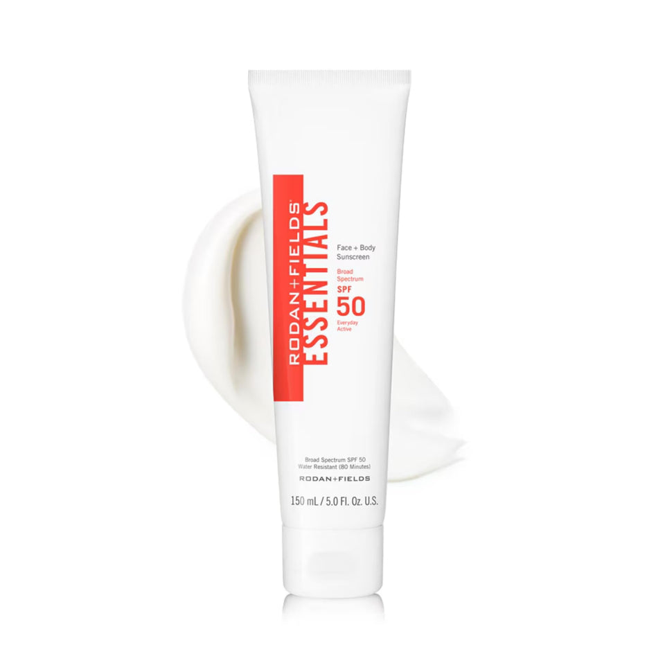 RODAN + FIELDS front packaging of 150 mL sunscreen showing SPF 50 protection and travel-ready design