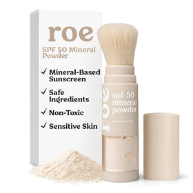 Roe Wellness front packaging showing brush-on mineral SPF 50 and benefits