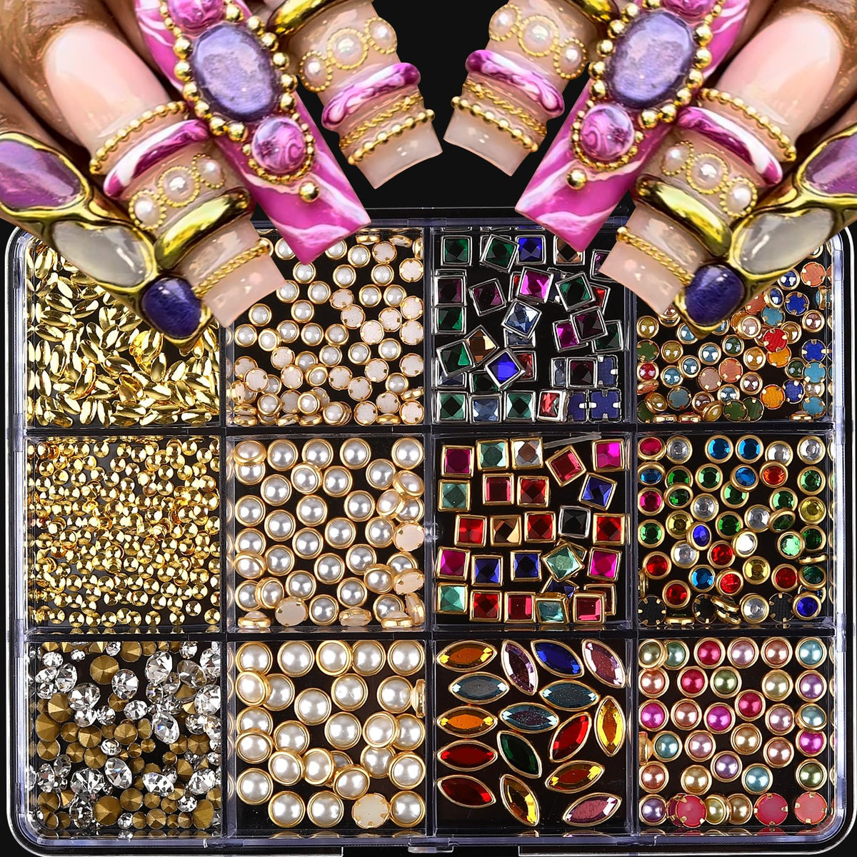ROFIBUT front packaging showing 12 grids with colorful nail charms and easy selection benefit
