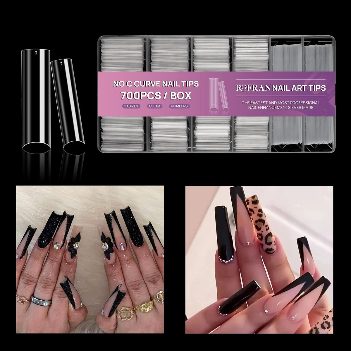 Rofran shaped and filed tips showing clean square edges for precise styling