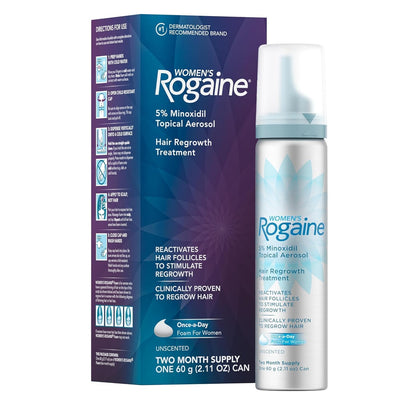 Rogaine front packaging showing product name and 5% minoxidil benefits