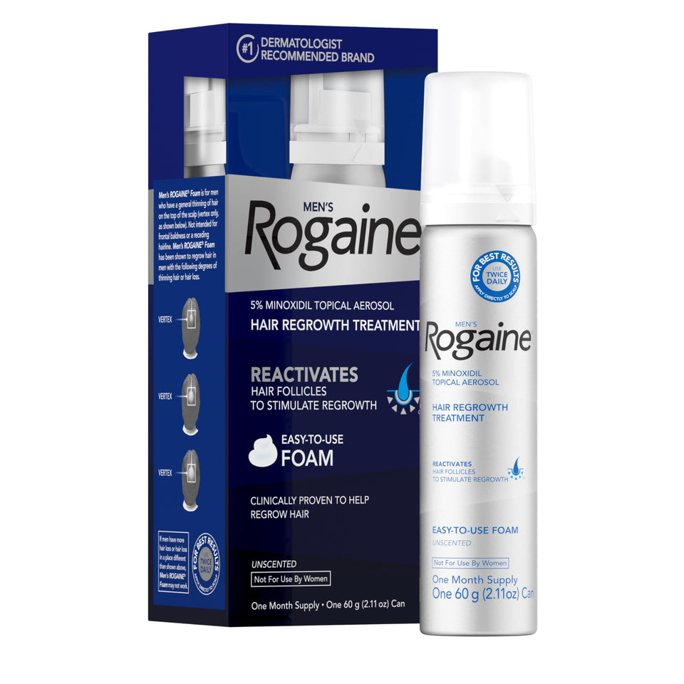 Rogaine front bottle showing 5% minoxidil and benefit of visible regrowth