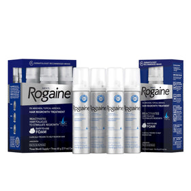 Rogaine front packaging showing unscented foam cans and product benefit