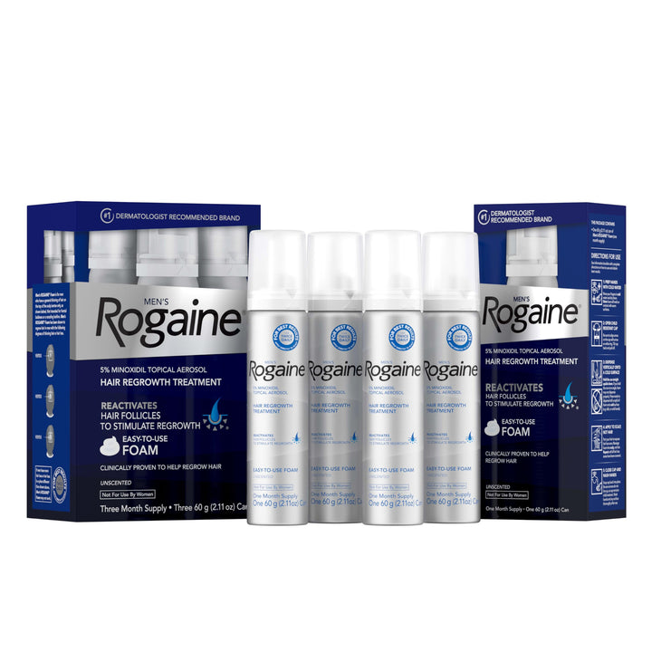 Rogaine front packaging showing unscented foam cans and product benefit
