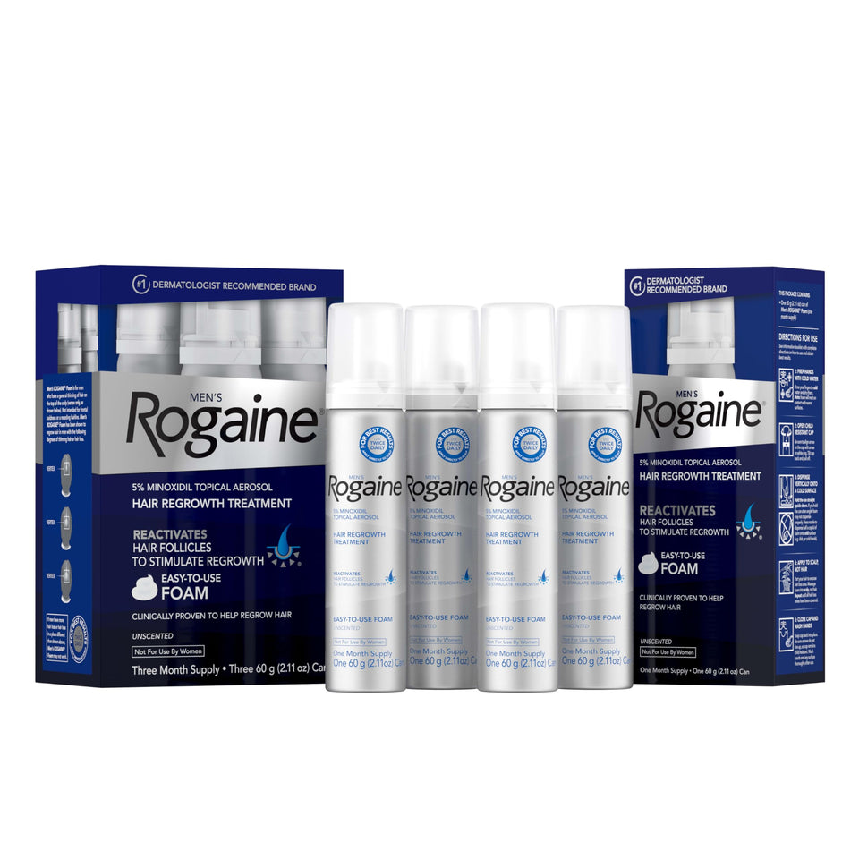 Rogaine front packaging showing unscented foam cans and product benefit