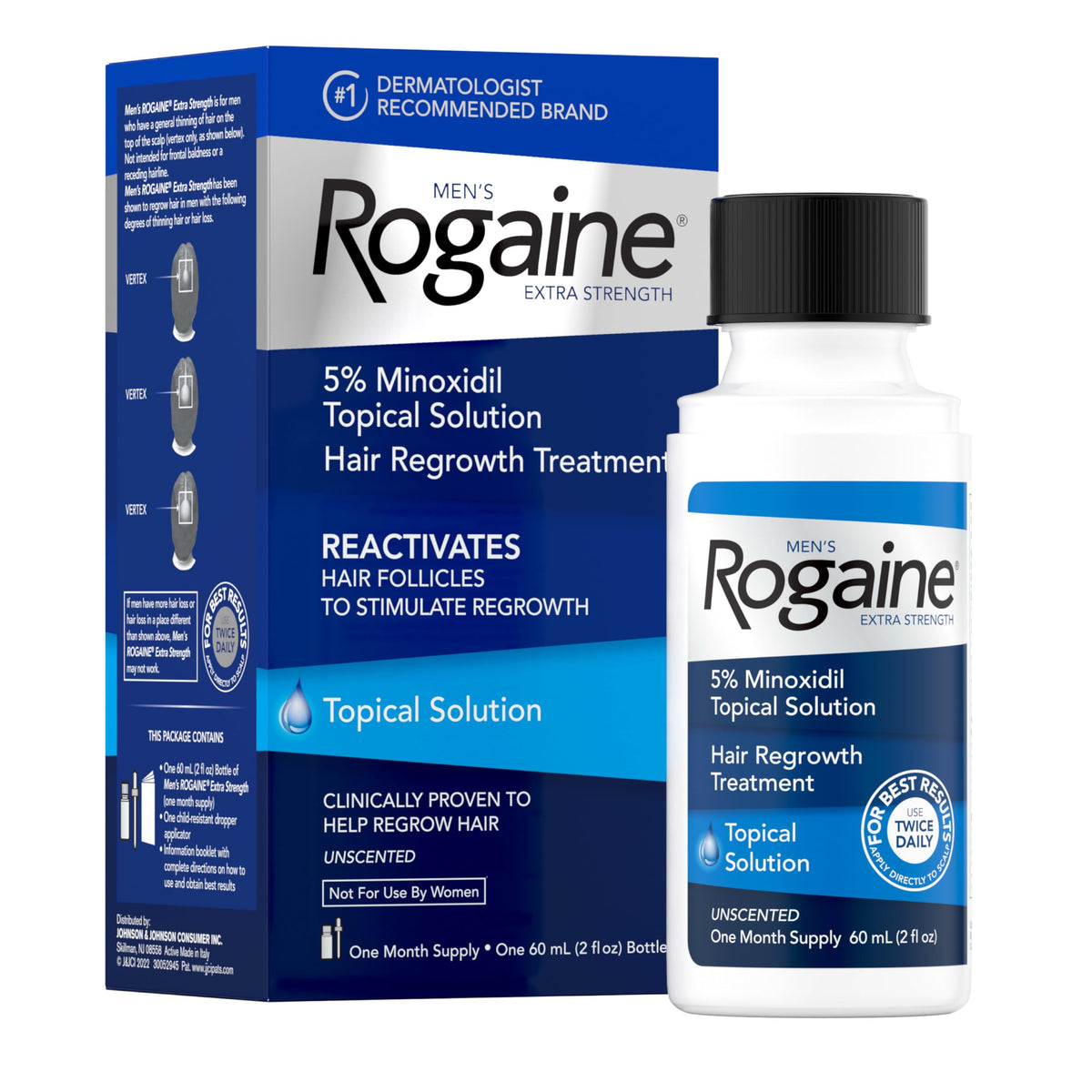 Rogaine front bottle showing label and 2 fl. oz size for clear identification and trust