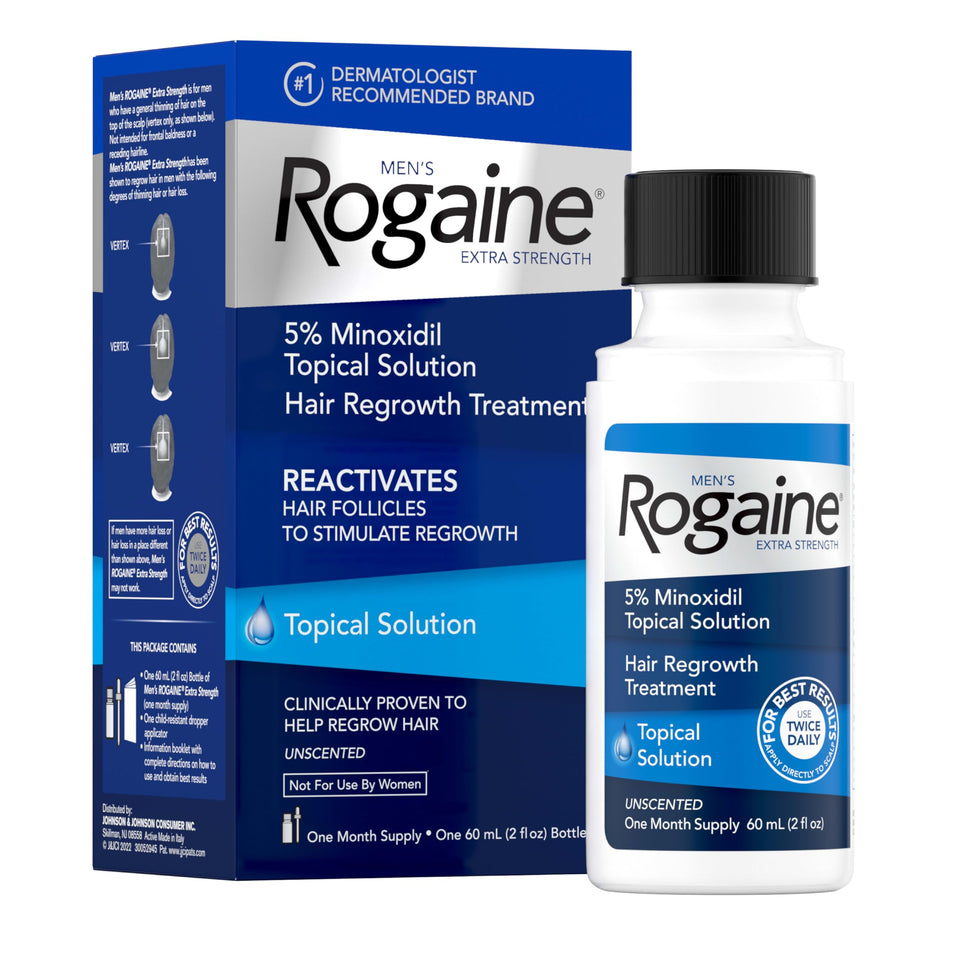Rogaine front bottle showing label and 2 fl. oz size for clear identification and trust