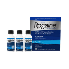 Rogaine three-bottle pack front view showing supply and brand benefit