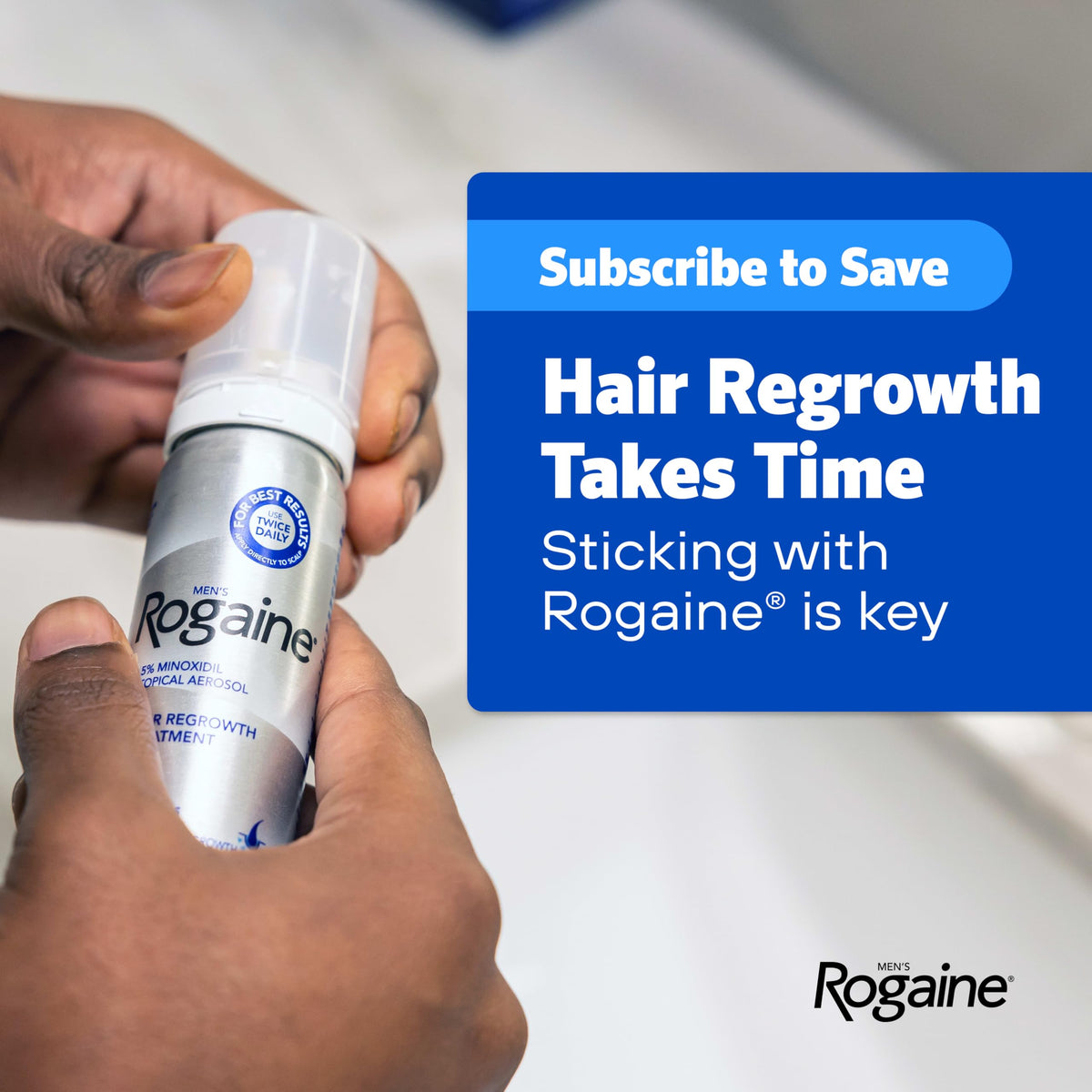 Rogaine label and ingredient panel showing minoxidil 5% and scalp-conditioning information