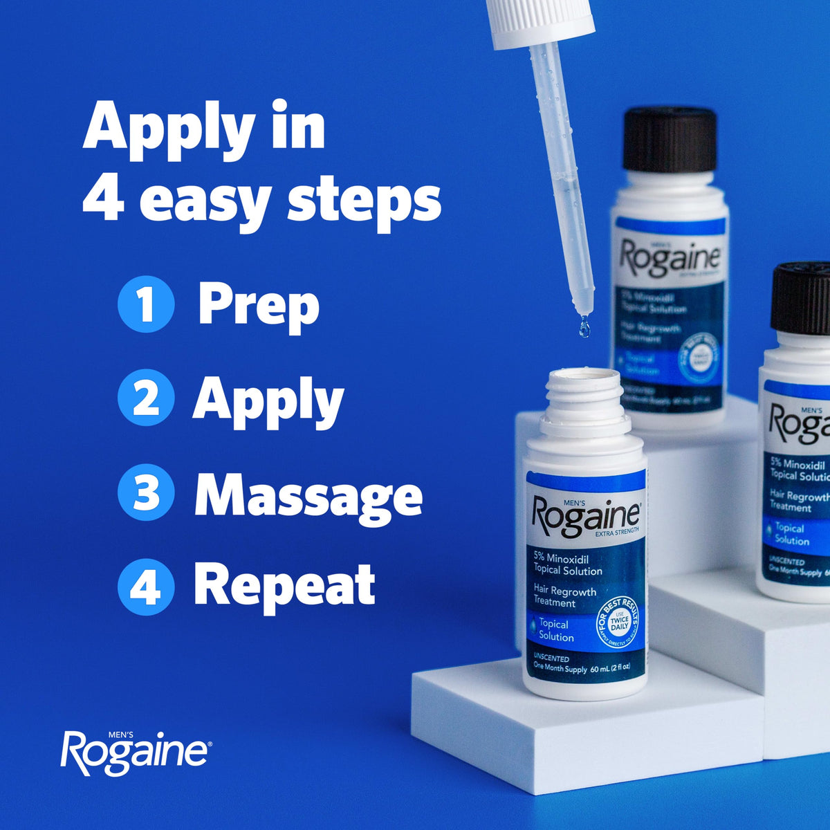 Clear label close-up on Rogaine bottle showing minoxidil strength benefit
