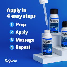 Clear label close-up on Rogaine bottle showing minoxidil strength benefit