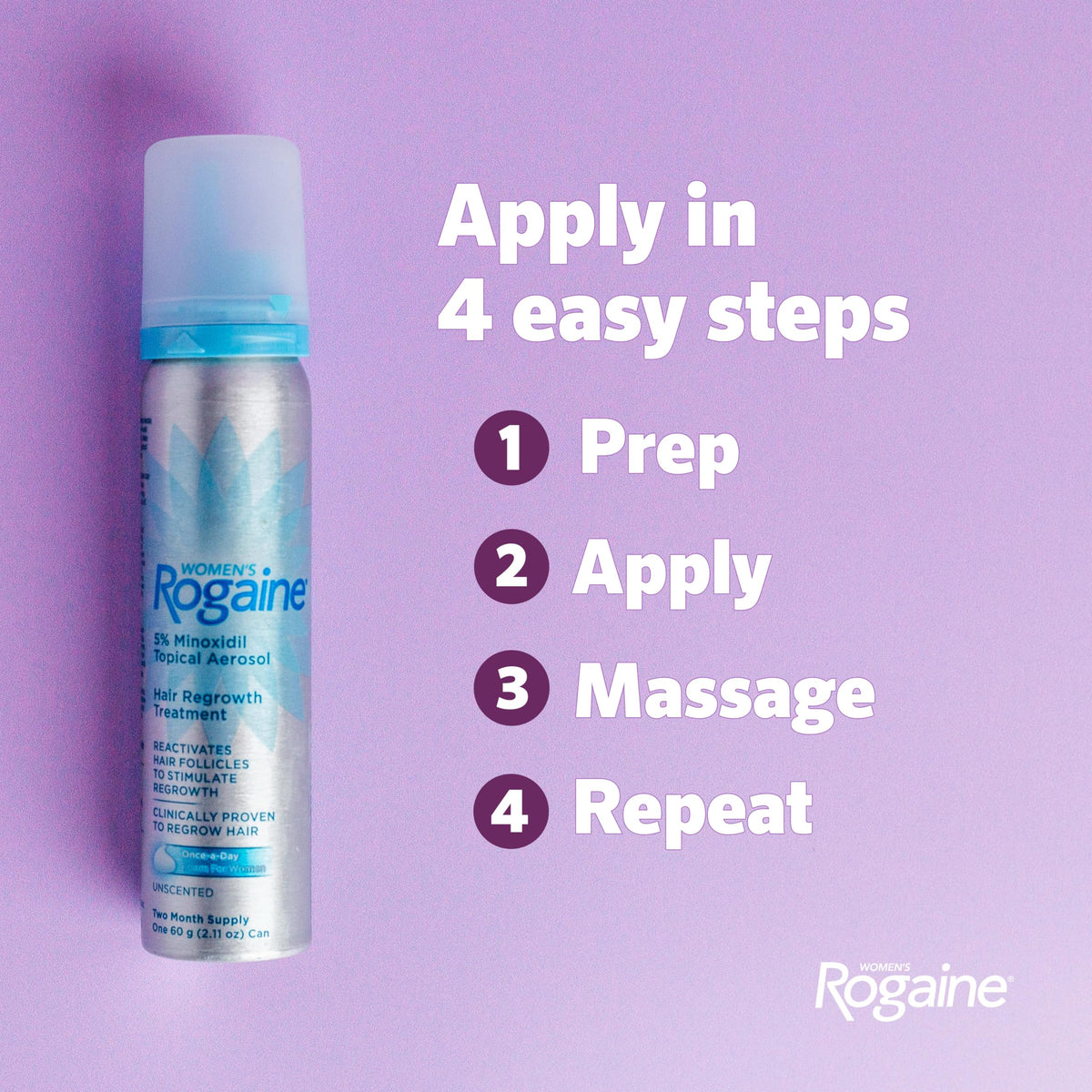 Rogaine label and directions visible for safe, correct use