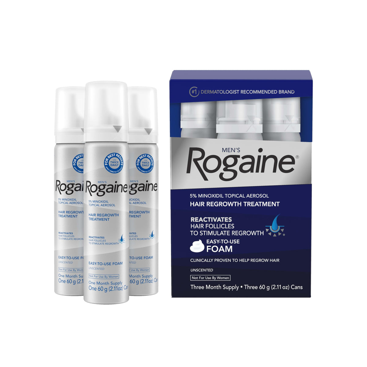Rogaine unscented foam front packaging showing brand and three-month supply benefit