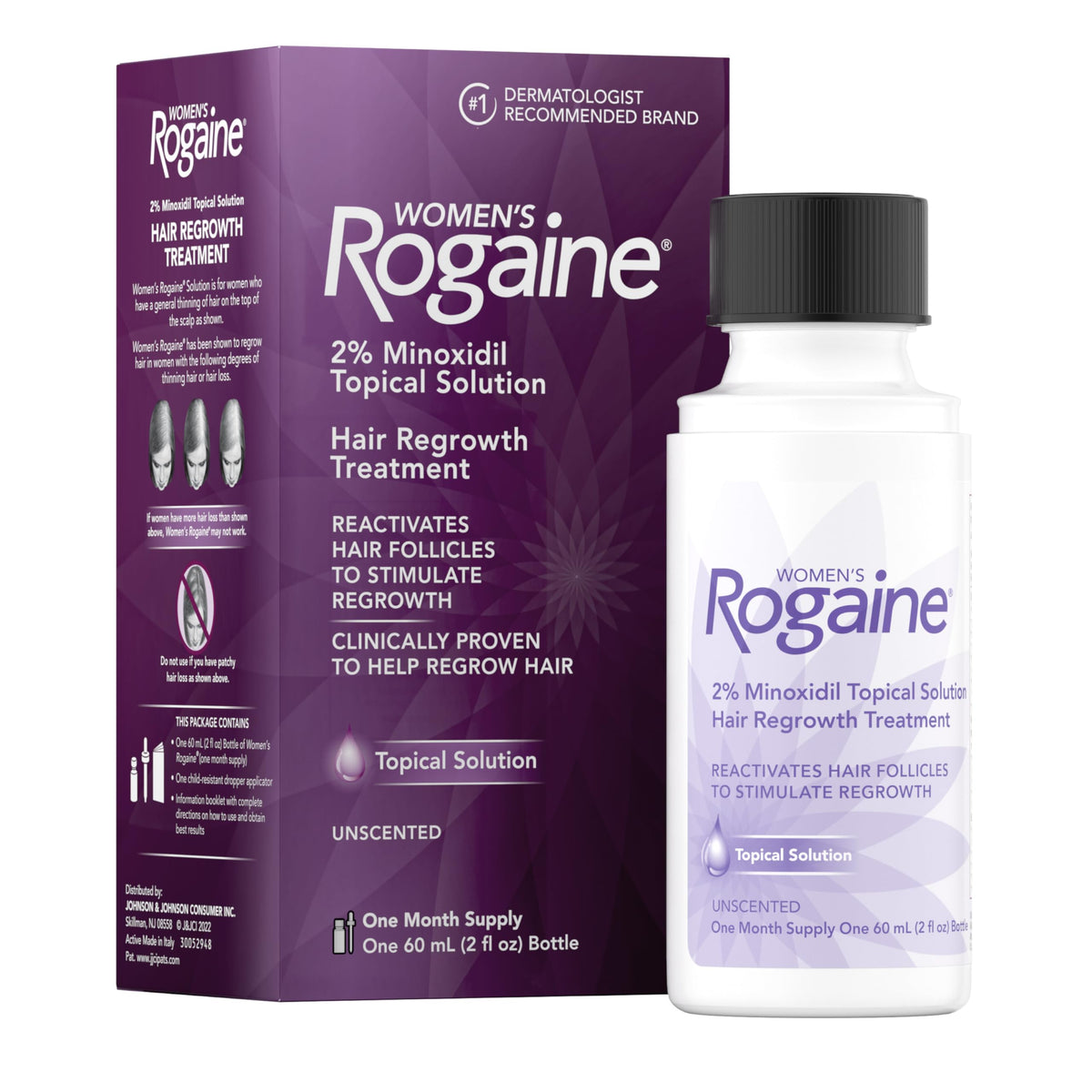 Rogaine front bottle view showing label and 1-month supply benefit
