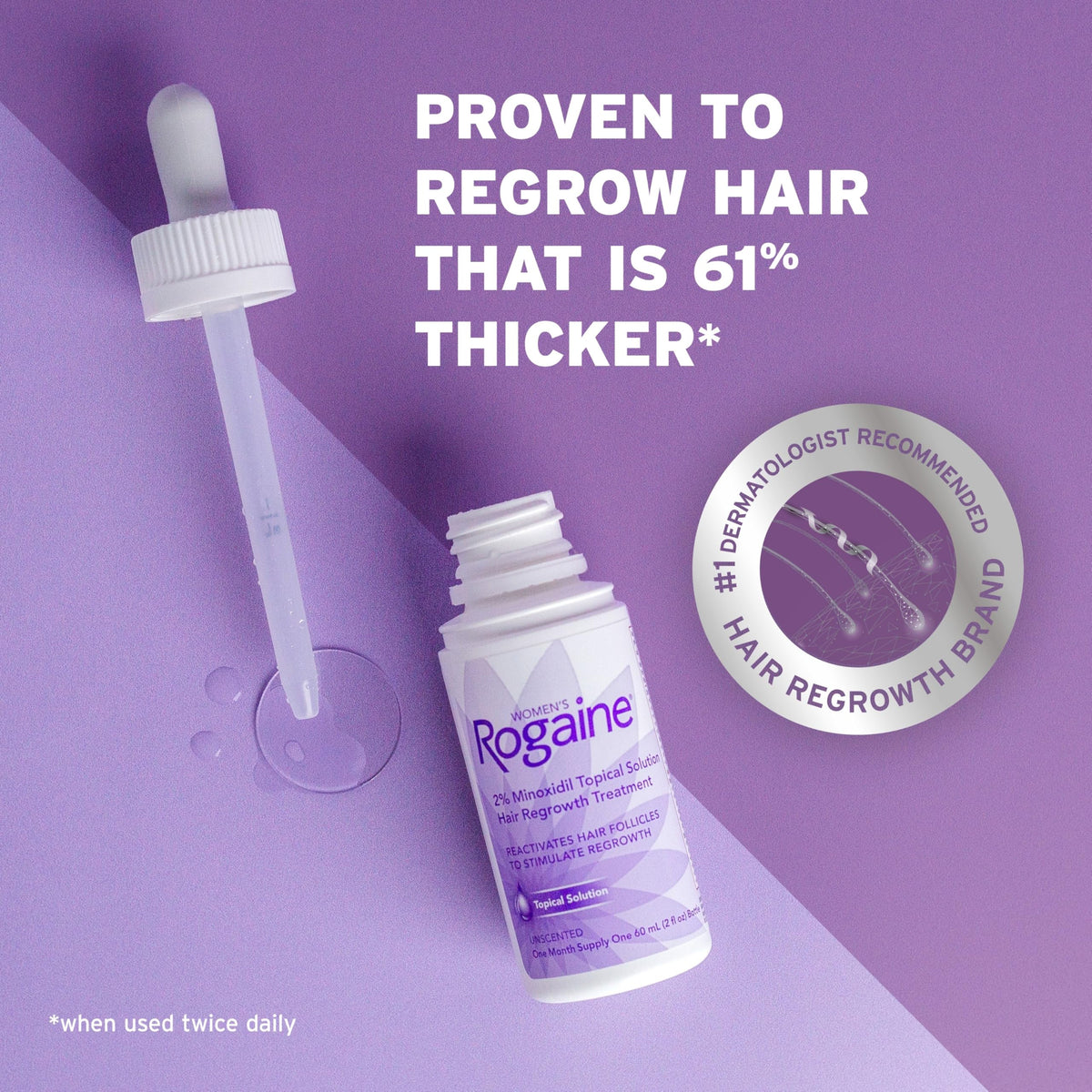 Rogaine unscented formula label close-up highlighting woman-specific 2% minoxidil benefit