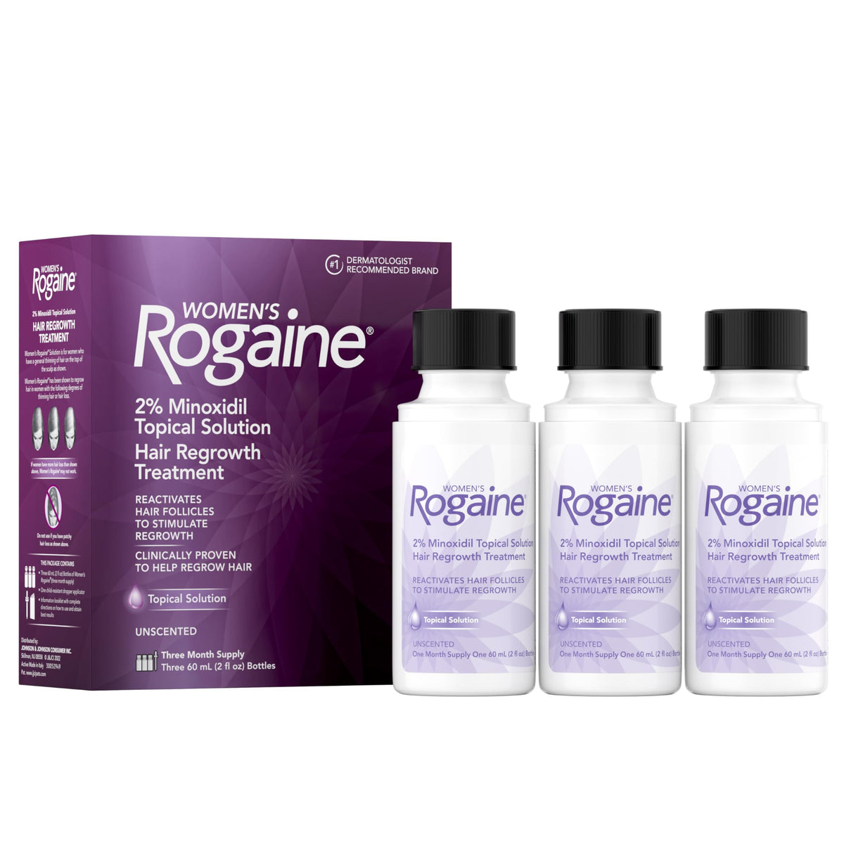 Rogaine women's 2% bottle front view showing label and unscented benefit