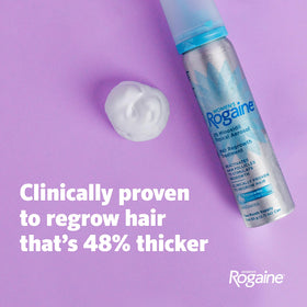 Rogaine canister close-up highlighting nozzle and foam delivery