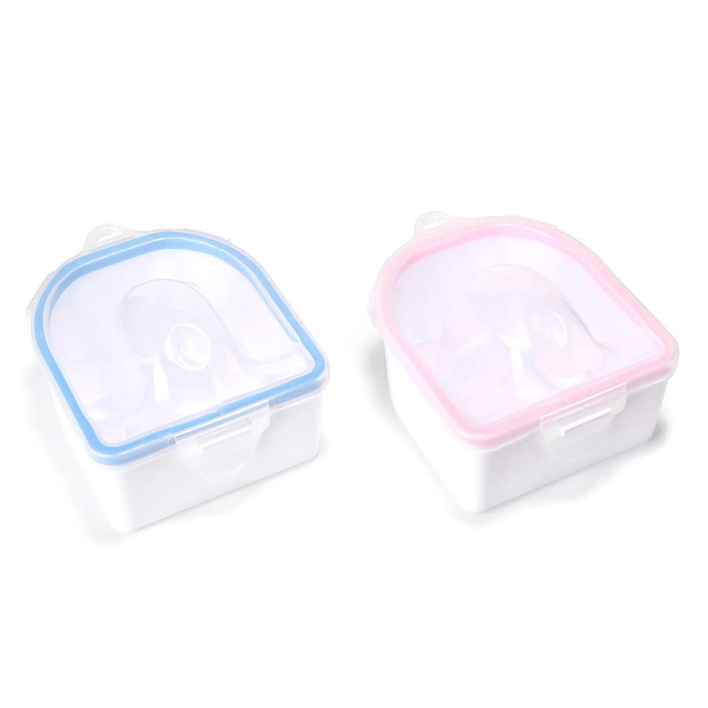Rolabling front view of pink and blue soak bowls showing neat compact design and spill control