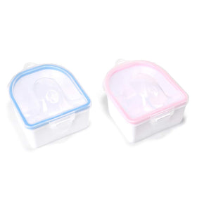 Rolabling front view of pink and blue soak bowls showing neat compact design and spill control