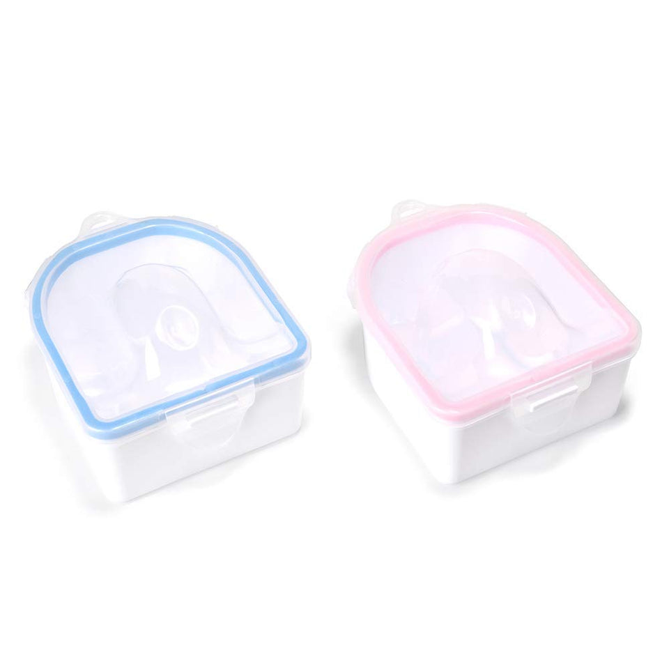 Rolabling front view of pink and blue soak bowls showing neat compact design and spill control