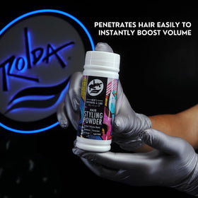 Rolda being sprinkled at roots for visible volume benefit