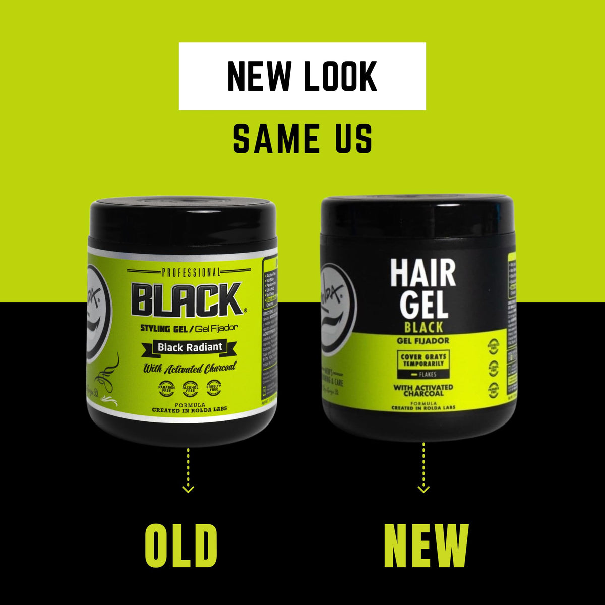 Rolda before and after gray coverage showing blended dark hair