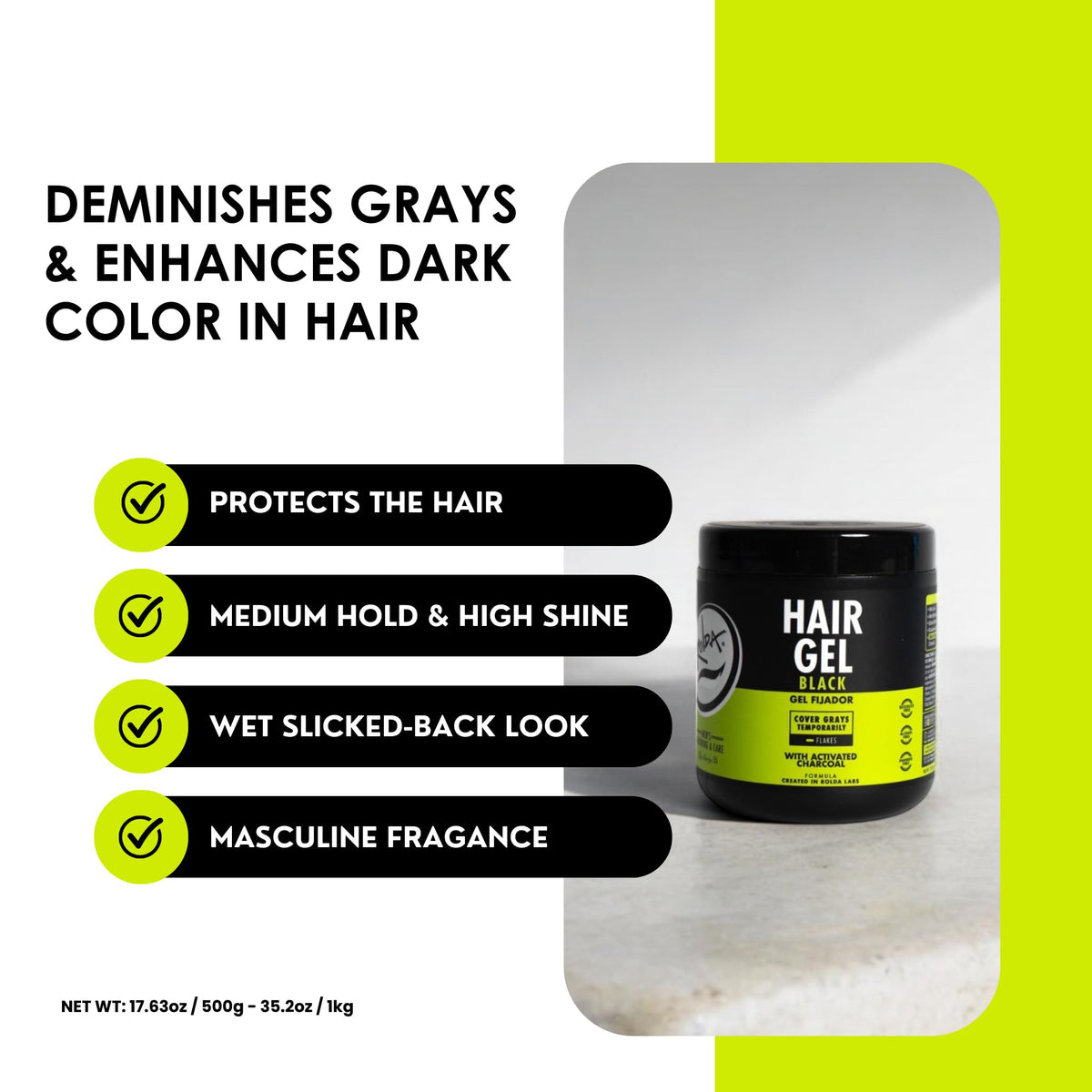 Comb with Rolda gel on teeth, brand illustrates sleek, combed finish without flakes