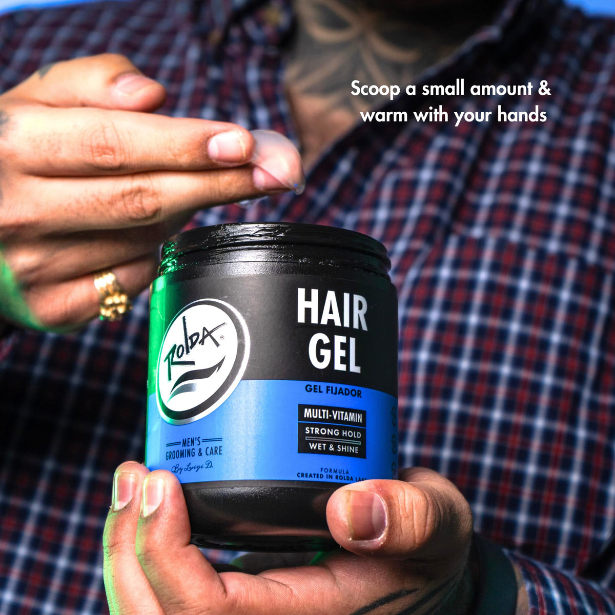 Rolda gel used on slicked back hairstyle, showing glossy wet finish and hold
