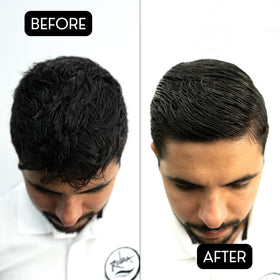 Rolda in use on man slicked back hair showing long lasting hold
