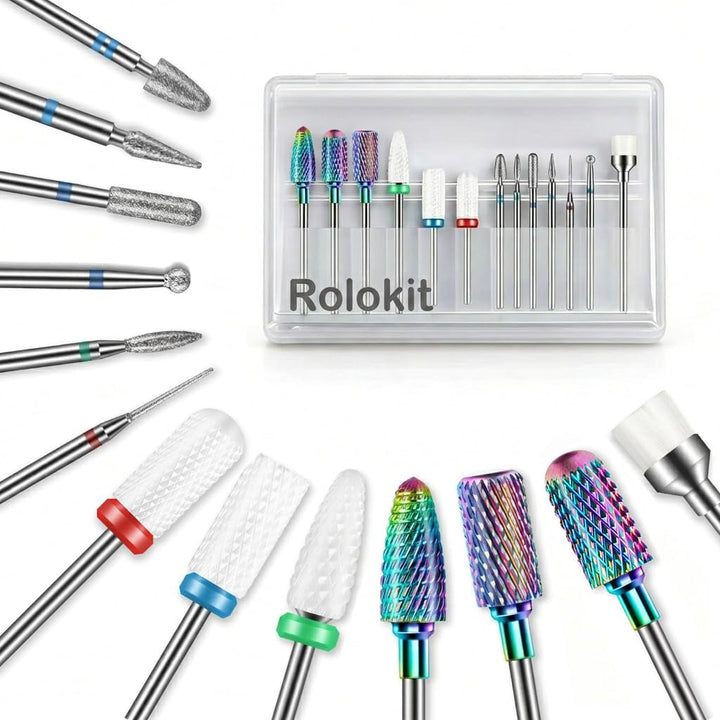 Rolokit front view of sealed 13PCS nail drill bits kit for organized portability