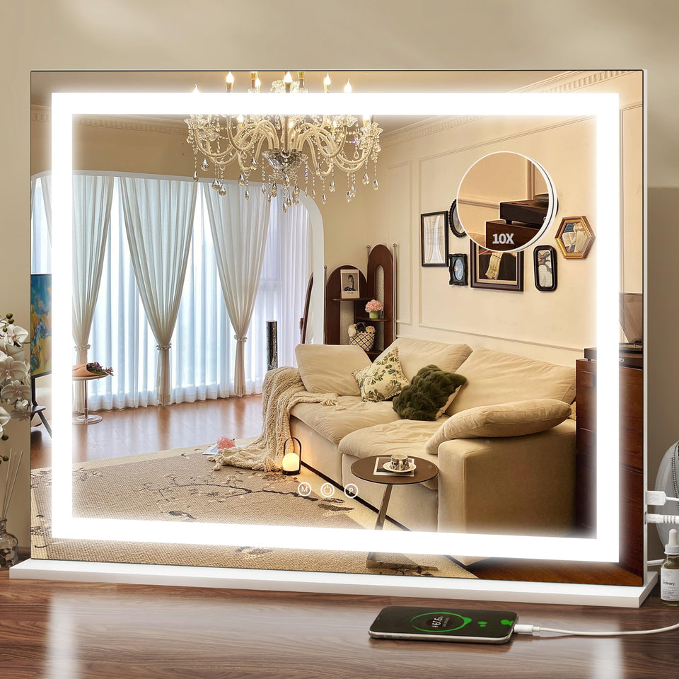 ROLOVE front view of 23x18 lighted vanity mirror showing full reflection and bright LEDs