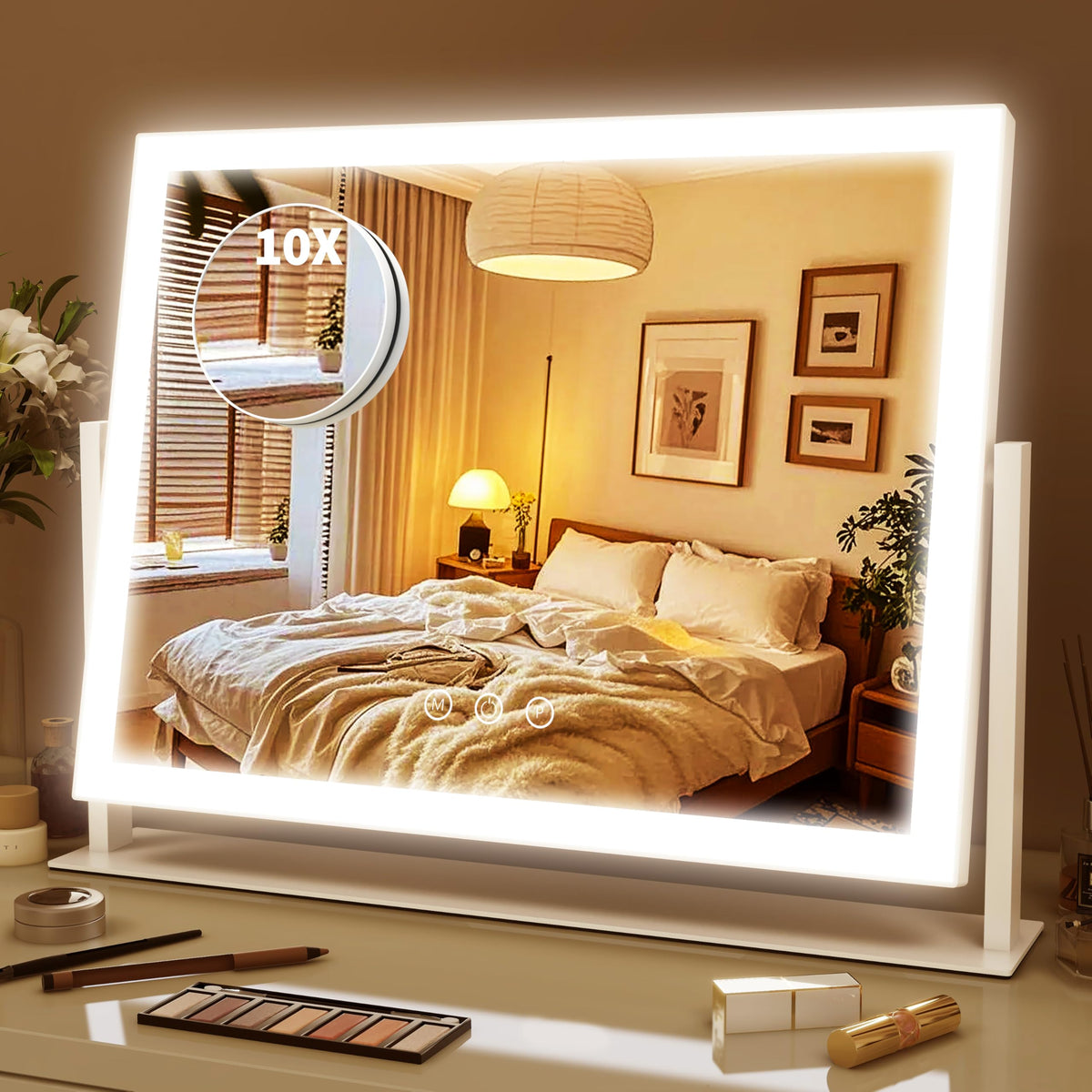 ROLOVE front view of vanity mirror showing full-face illumination and sleek design