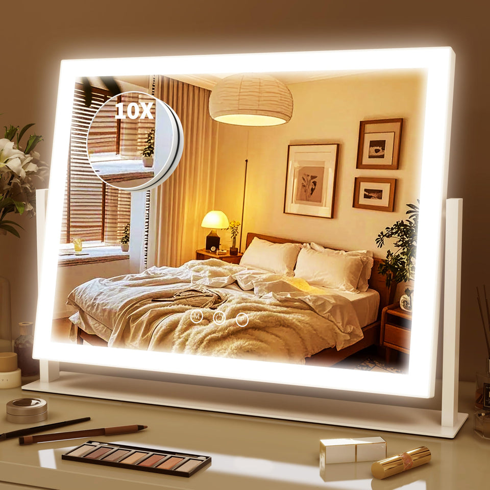 ROLOVE front view of vanity mirror showing full-face illumination and sleek design