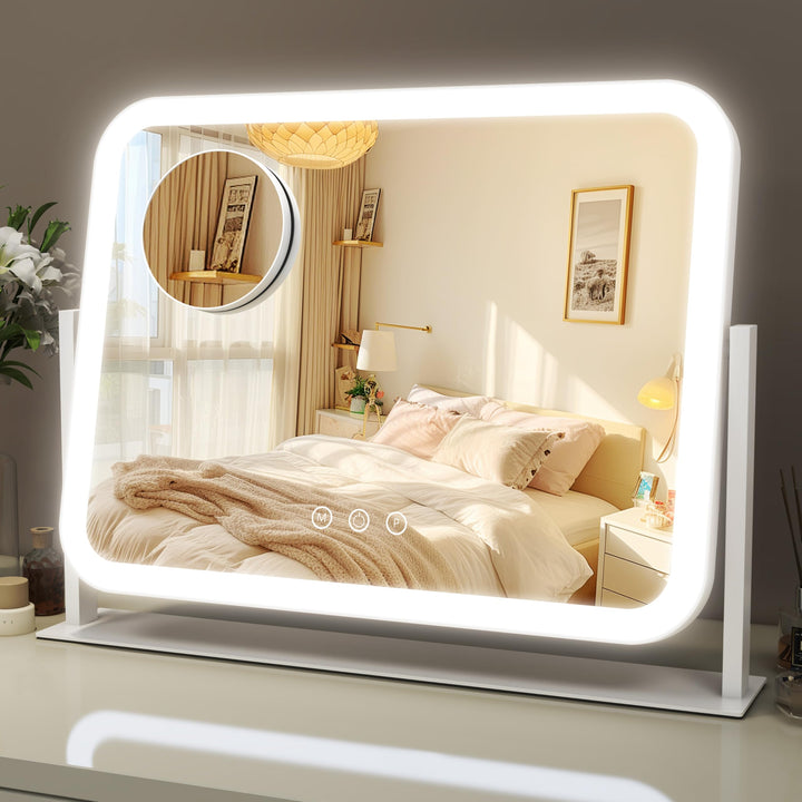 ROLOVE front view of 17x13 lighted vanity mirror showing full-face clarity and even lighting