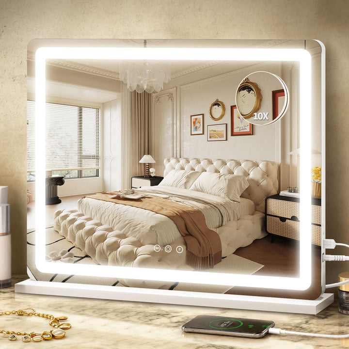 ROLOVE front view of white 23x18 vanity mirror showing full reflection benefit