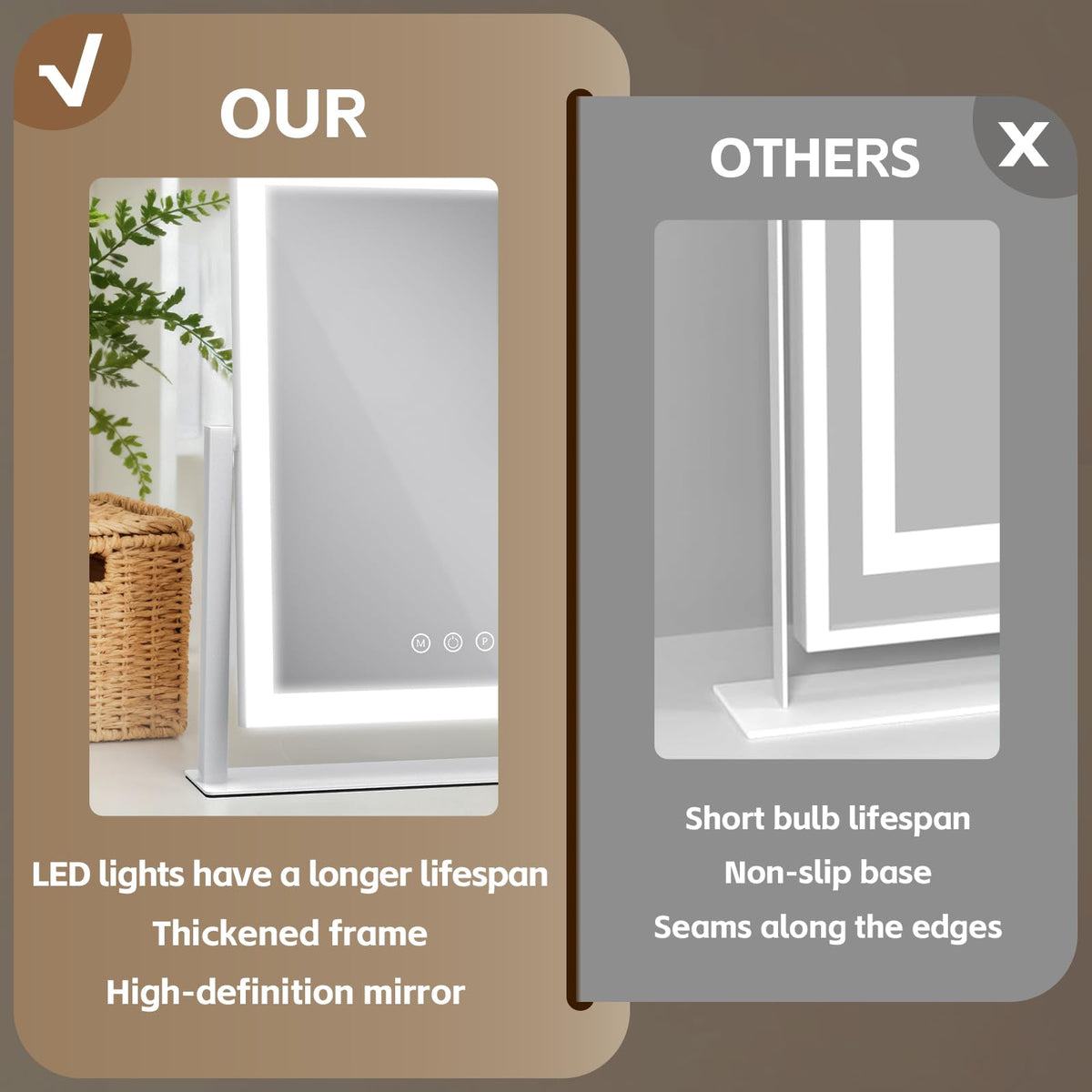 ROLOVE mirror on bedroom vanity styled with makeup tools demonstrating practical everyday use